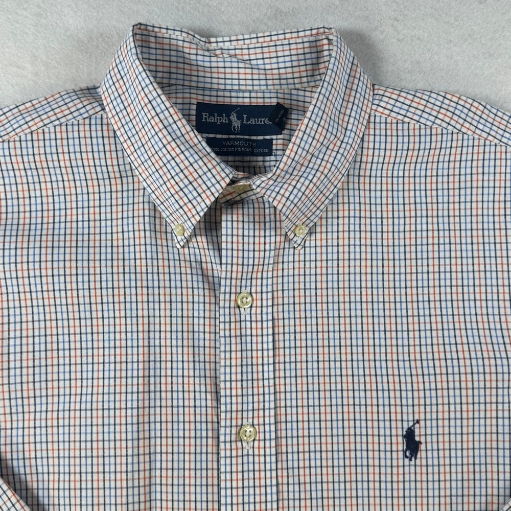 Ralph Lauren Yarmouth Mens 17 34/35 Cotton Pinpoint Oxford Tattersall Shirt Blue